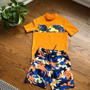 Boys gently loved Lands' End Orange and Blue Swim trunks and rash guard set